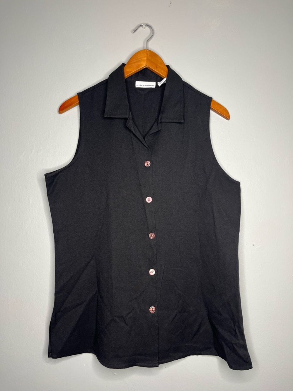 Croft & Barrow Solid Black Sleeveless Button Front Top Camp Resort Collar Blouse